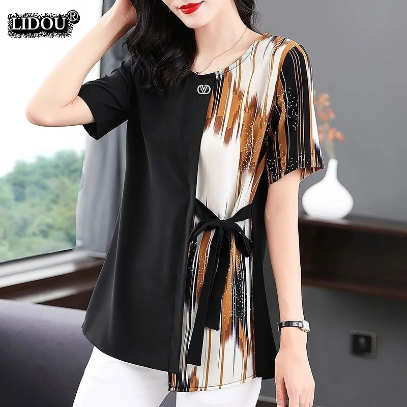 

Korean Fashion Asymmetrical Patchwork Print Short Sleeve Belt T-shirts Straight Loose Casual All-match Women's Clothing