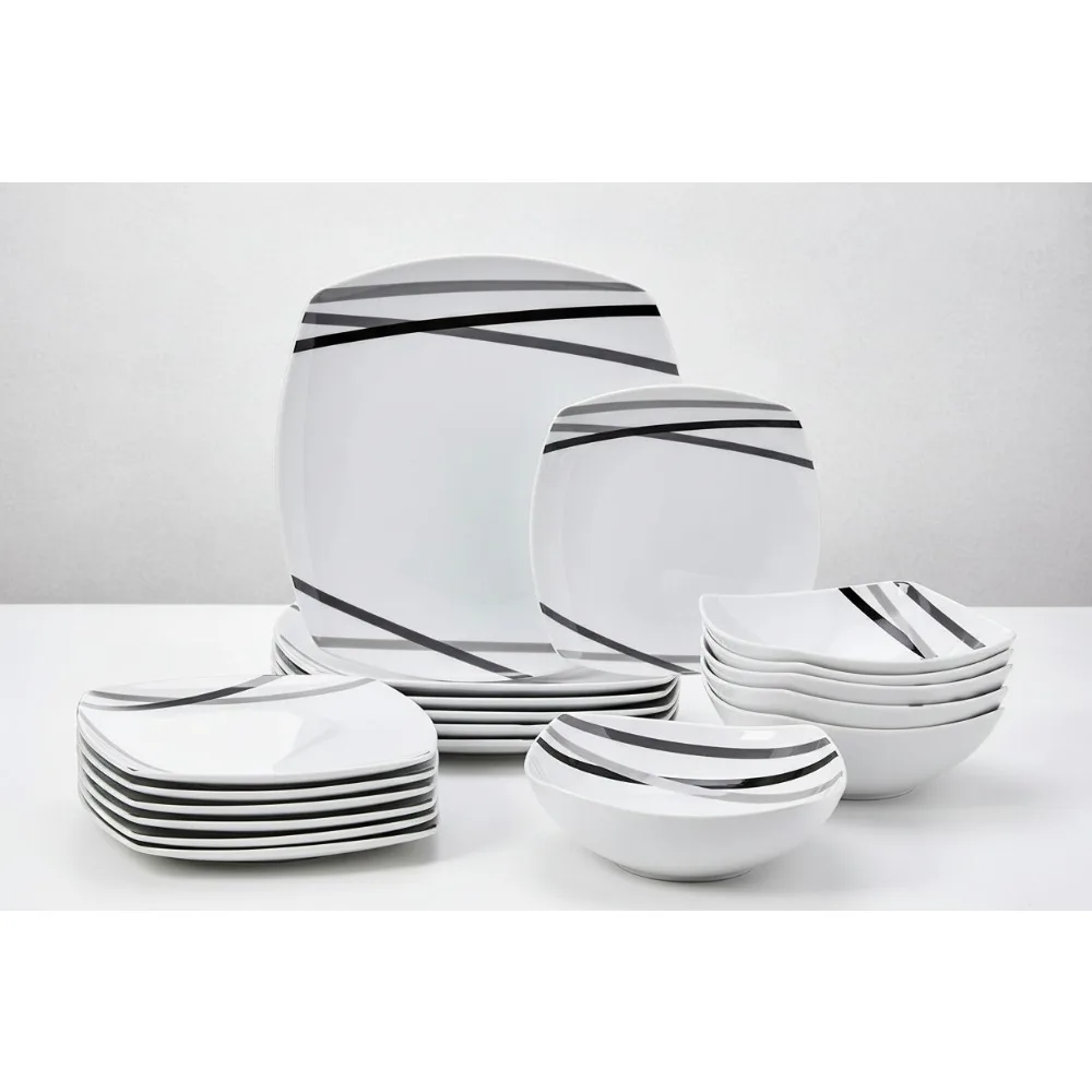 

Набор квадратной посуды из 18 предметов на 6 человек, современный дизайн луча — прочные фарфоровые тарелки и миски, можно мыть в посудомоечной машине