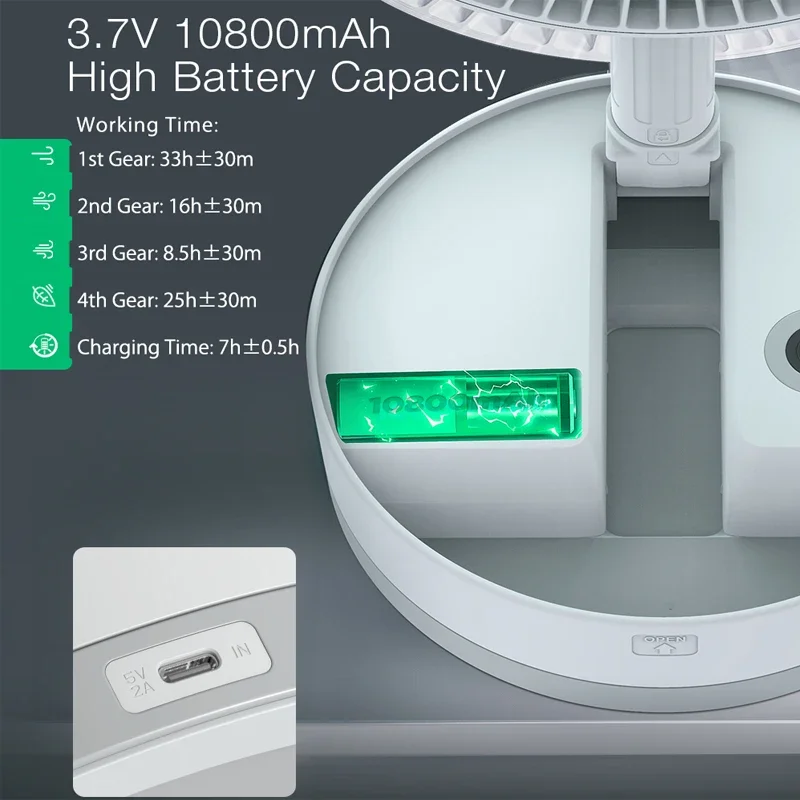 P10 Ventilador Portátil Dobrável com Controle Remoto, Refrigerador de Ar Silencioso, USB Recarregável, Sem Fio, De Assoalho, Portátil, Camping, 10800mAh
