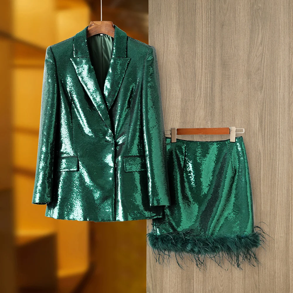 Heavy Made Dark Green Sequins Feather Patchwork Hidden Buttons Women Blazer Skirt 2 Pcs Elegant Set Party Suit