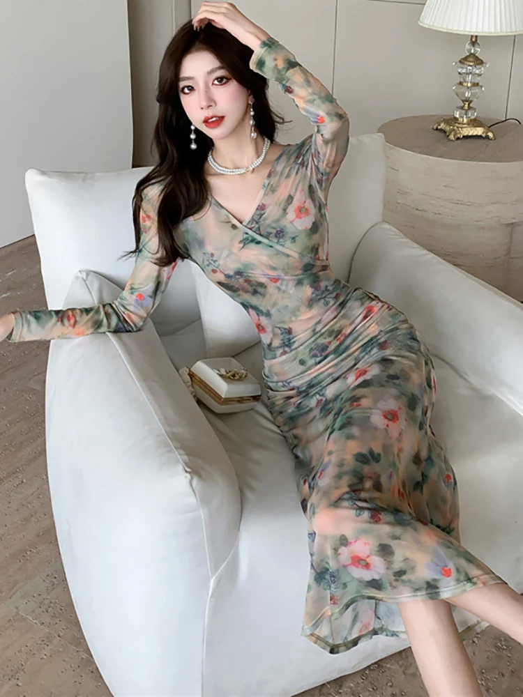 Women Floral V-Neck Luxury Dress with Long Sleeve Spring Autumn Elegant Bodycon Party Vestidos 2024 Korean Vintage Evening Dress