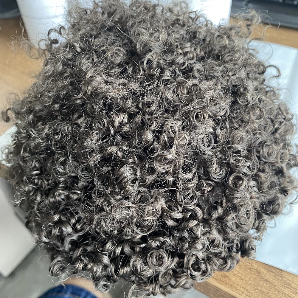 Jet Black Men's Curly Human Hair Full Poly Base Durable Hair Replacement System 12mm Curly Afro Hairstyle Prosthesis Hairpiece