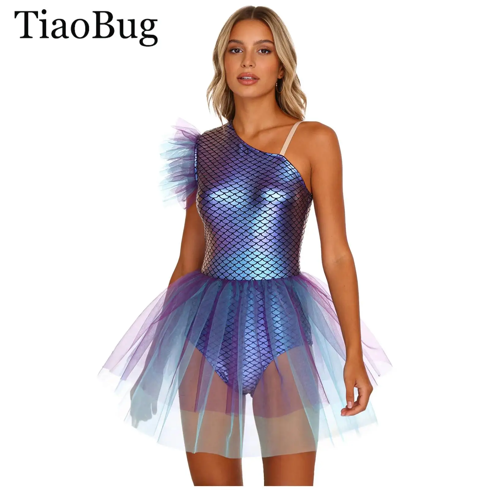 

Women Mermaid Cosplay Costume Metallic Fish Scale Print Tulle Ballet Tutu Leotard Dress for Mermaid Themed Party Fancy Dress Up