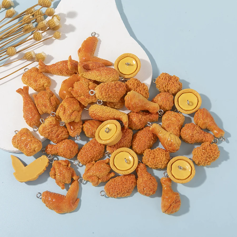 20pcs Mixed Mini Fried Chicken Egg Tarts Chicken Legs Resin Charms Cute Food Pendant For DIY Jewelry Accessories