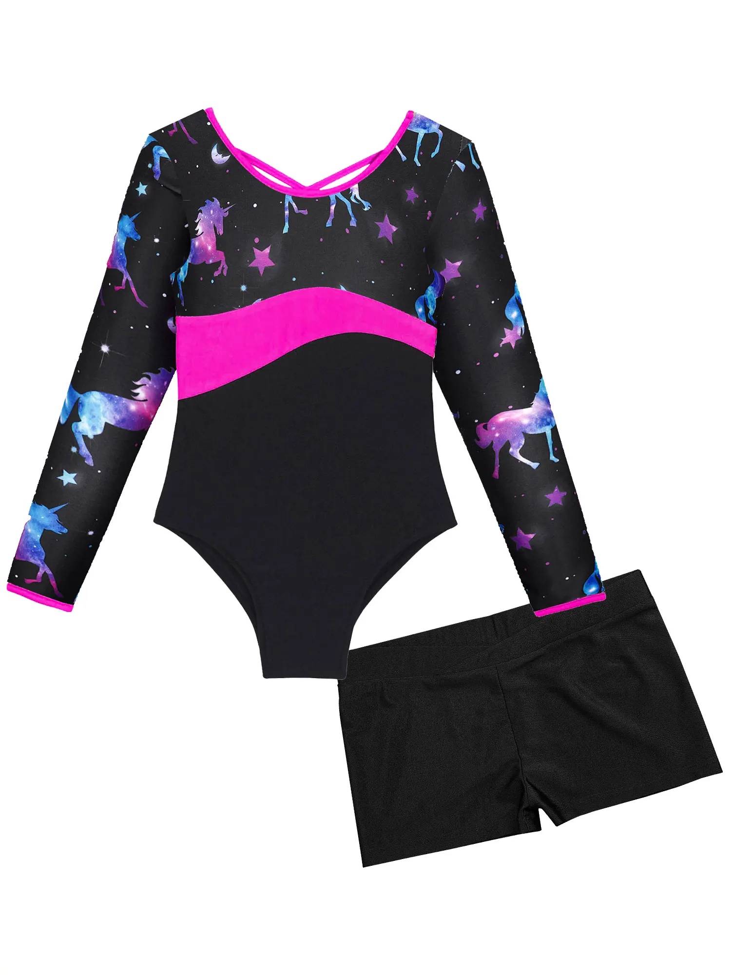 Kids Girls Leotards with Shorts for Gymnastics Ballet Dance Sports Sparkle Biketard Unitard Tumbling Bodysuit Ballroom Dancewear