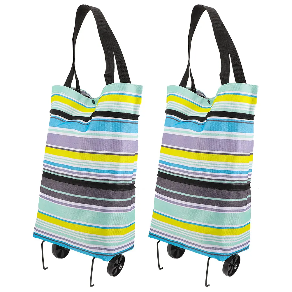 

2Pcs Shopping Wheel Bag Foldable Rolling Tote Bags for Groceries Polyester Pull H Portable Storage Solution
