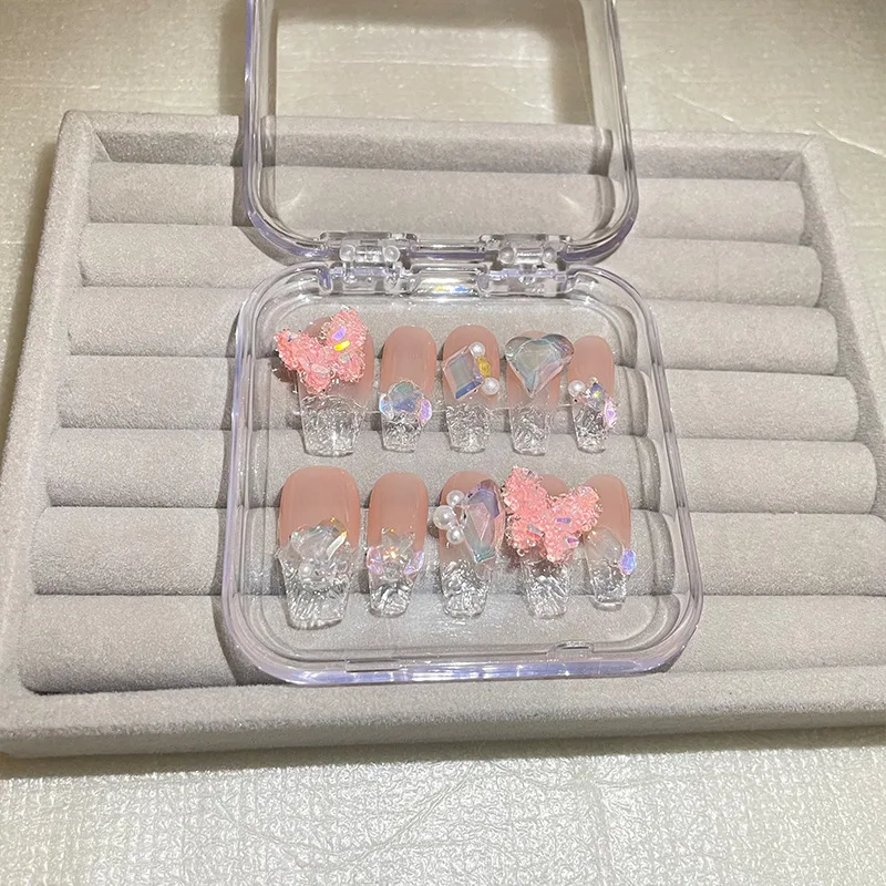 Retro Ice Frozen Glass Transparent Bottom Whitening Pink Crystal Love Heart Butterfly Handmade Press On Nails.No.EM29121