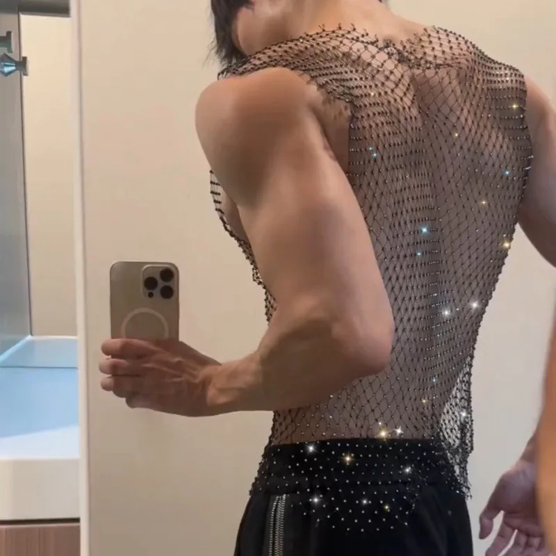 European & American Style Rhinestone Sexy Men's Diamond-Studded Openwork Vest Sheer Fishnet Nightclub Performance Mesh Menswear