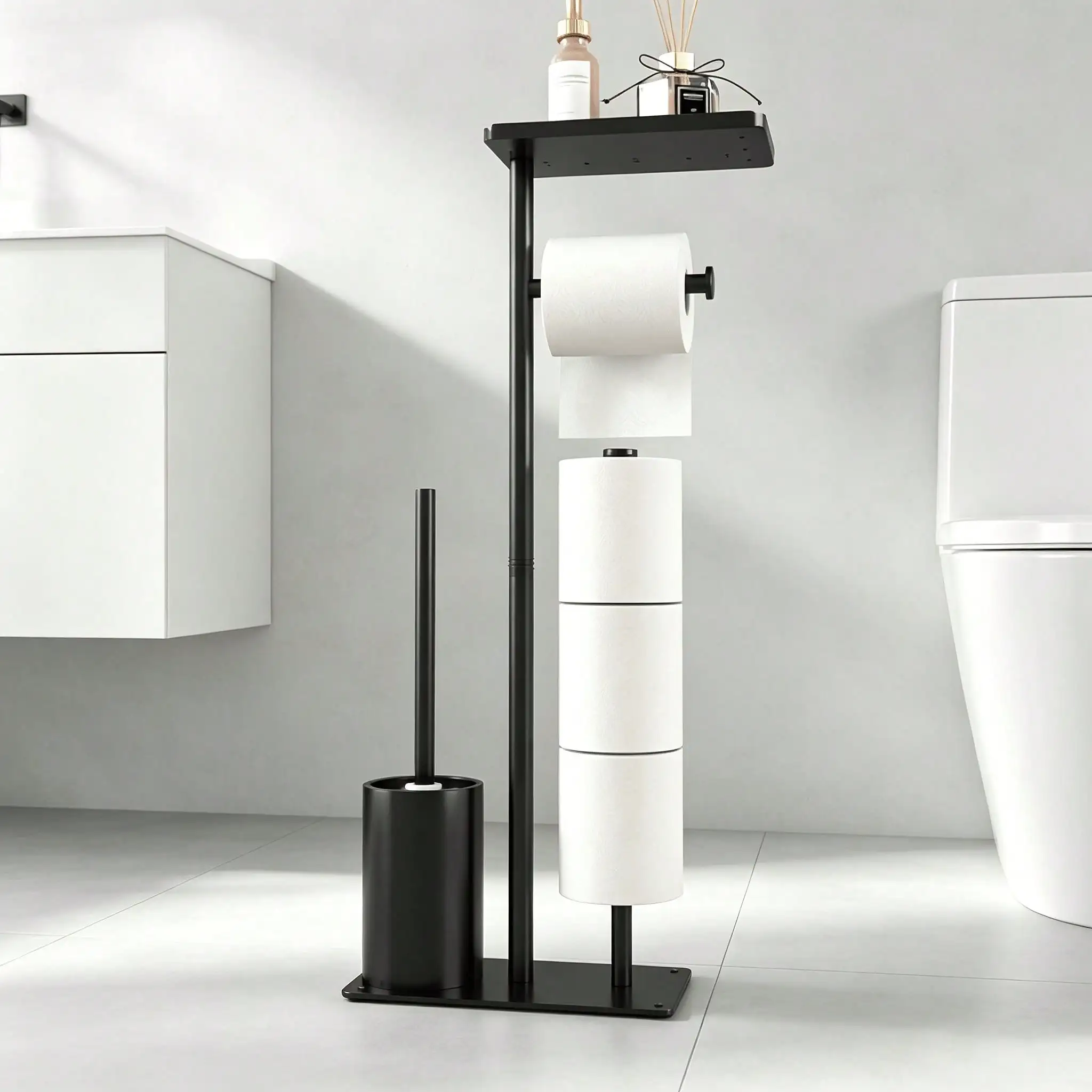 1 Pc Toilet Paper Holder With Storage Shelf And Toilet Brush Set, Bathroom Toilet Paper Storage Shelf, With Shelf Layer And Stable Base, Installation-Free Floor-Standing Toilet Paper Holder, Suitable For Bathroom And Toilet Space Organization, Kegu