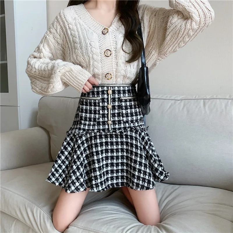 Grande taille L-4XL fille automne hiver taille haute Plaid queue de poisson jupe noir a-ligne à la mode polyvalent élégant coréen Mini jupes
