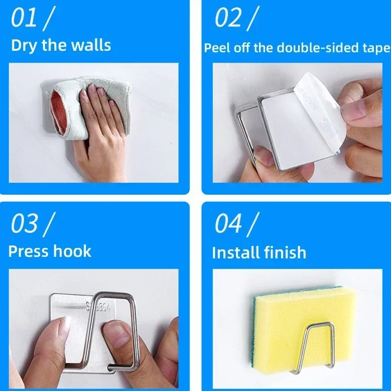 Kitchen Organizer Sponge Holder Soap Drying Rack Self Adhesive Sink Drain Racks Stainless Steel Sink Wall Storage Racks Hooks