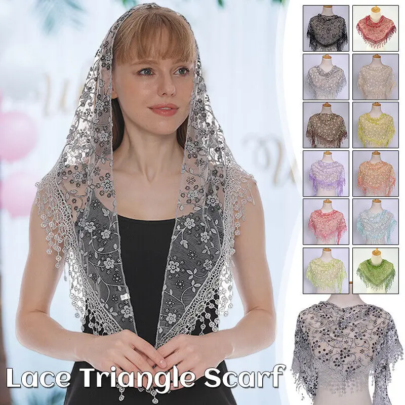 

Women Triangular Scarf Vintage Prayer Veil Lace Shawl For Muslim Headscarf Hollow Floral Headwear Hair Accessories New