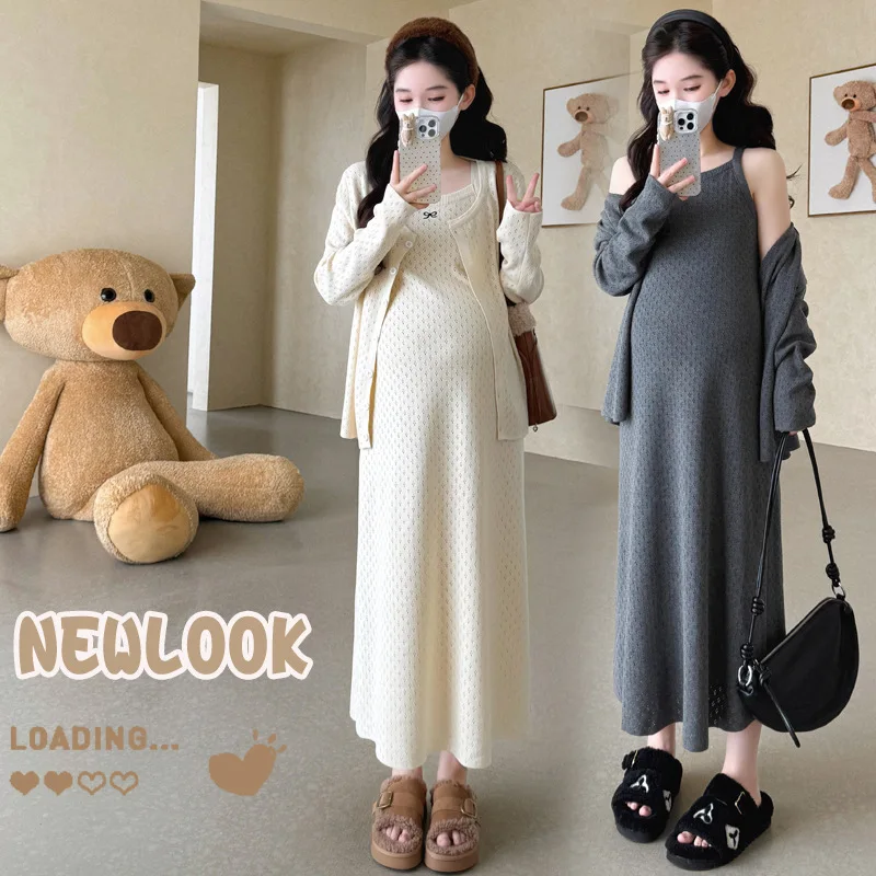 

2025 Korean Style Pregnancy Set Autumn Lace Bow Knit Cardigan Sleeveless Dress Two Piece Outfit Elegant Chic Maternity Wear