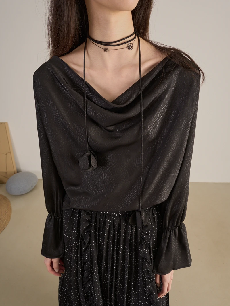 

Ele Bla Bellflower Pendant Long Sve Cra Texture Top Women's Busin Casual Polyester Fiber Loose Fit Princ Sle...