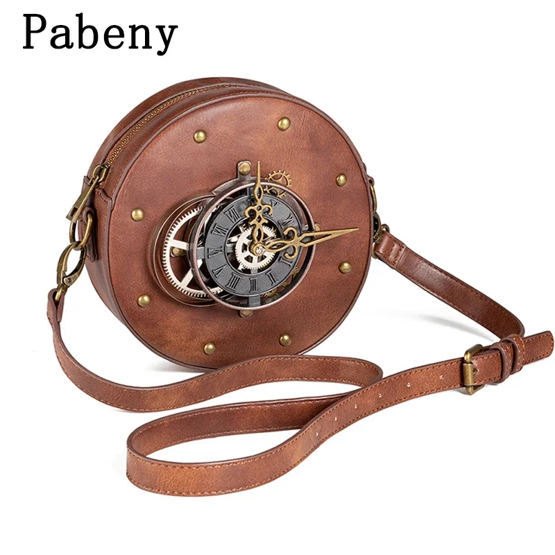 

Fashion Steampunk Bag Round Vintage Clock Women Shoulder Bags PU Leather Daily Casual Crossbody Bags New Arrivals Brown Handbag