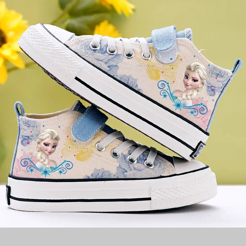 Scarpe di tela Casual per ragazze Disney Frozen Princess Elsa scarpe bianche per bambini suola morbida traspirante scarpe Casual alte taglia 24