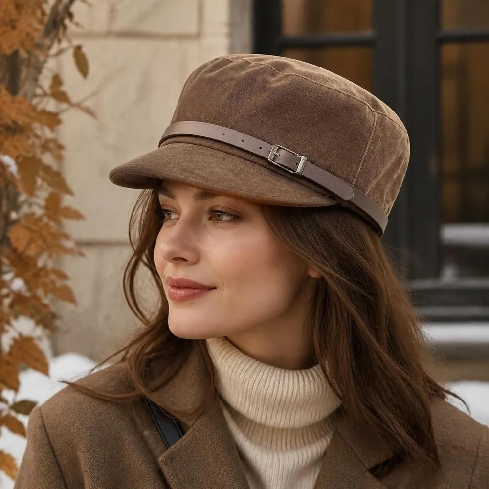 New Soft Faux Suede Newsboy Cap Leather Belt Buckle Adjustable Visor Cap Beret Hat Women