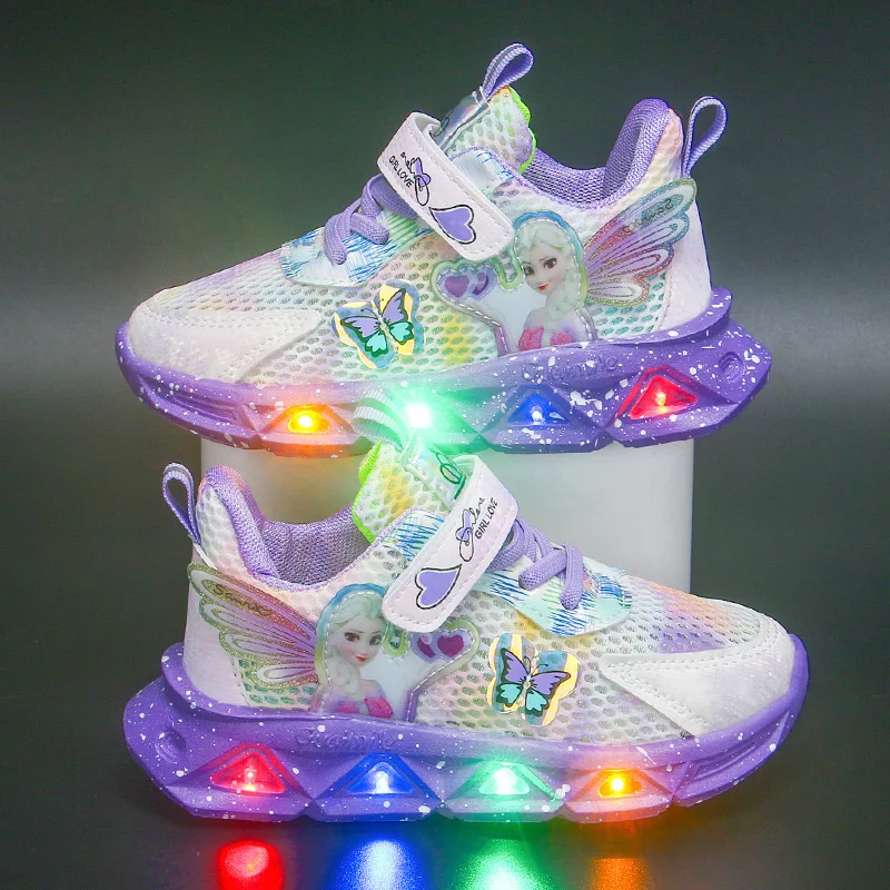 Frozen LED Shoes Anime Elsa Princess Sport Shoes Disney Tennis Shoes Girls Luminous Shoes Kids Casual Sneakers Size 22-35