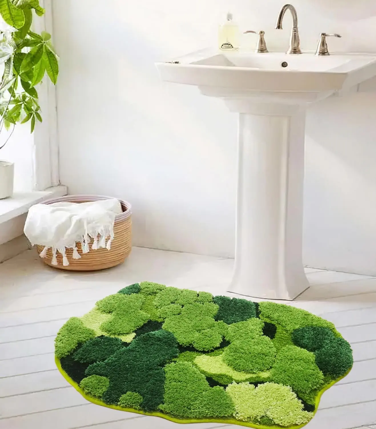 VIKAMA Cute Green Moss Shag Bathroom Rugs Leaf Bath Mats for Bathroom Decor Aesthetic Leaves Soft Non Slip Washable Floor Carpet