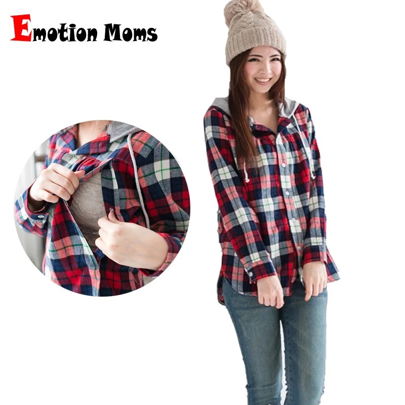 Emotion Moms Long Sleeve Maternity Plaid Shirt Breastfeeding Blouse Nursing Hoodie Tops for Pregnant Women Clothes