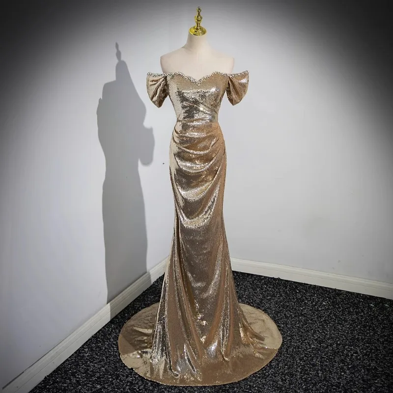 

Graduation Host Women's Golden Evening Dresses for Wedding Party Off The Shoulder Strapless Fishtail Dress Banquet Gown Vestidos