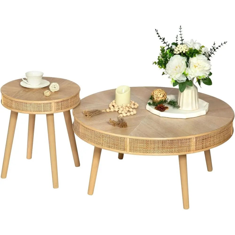 

Rustic Solid Wood Coffee Table with Woven Rattan Side Tables for Living Room (Natural)