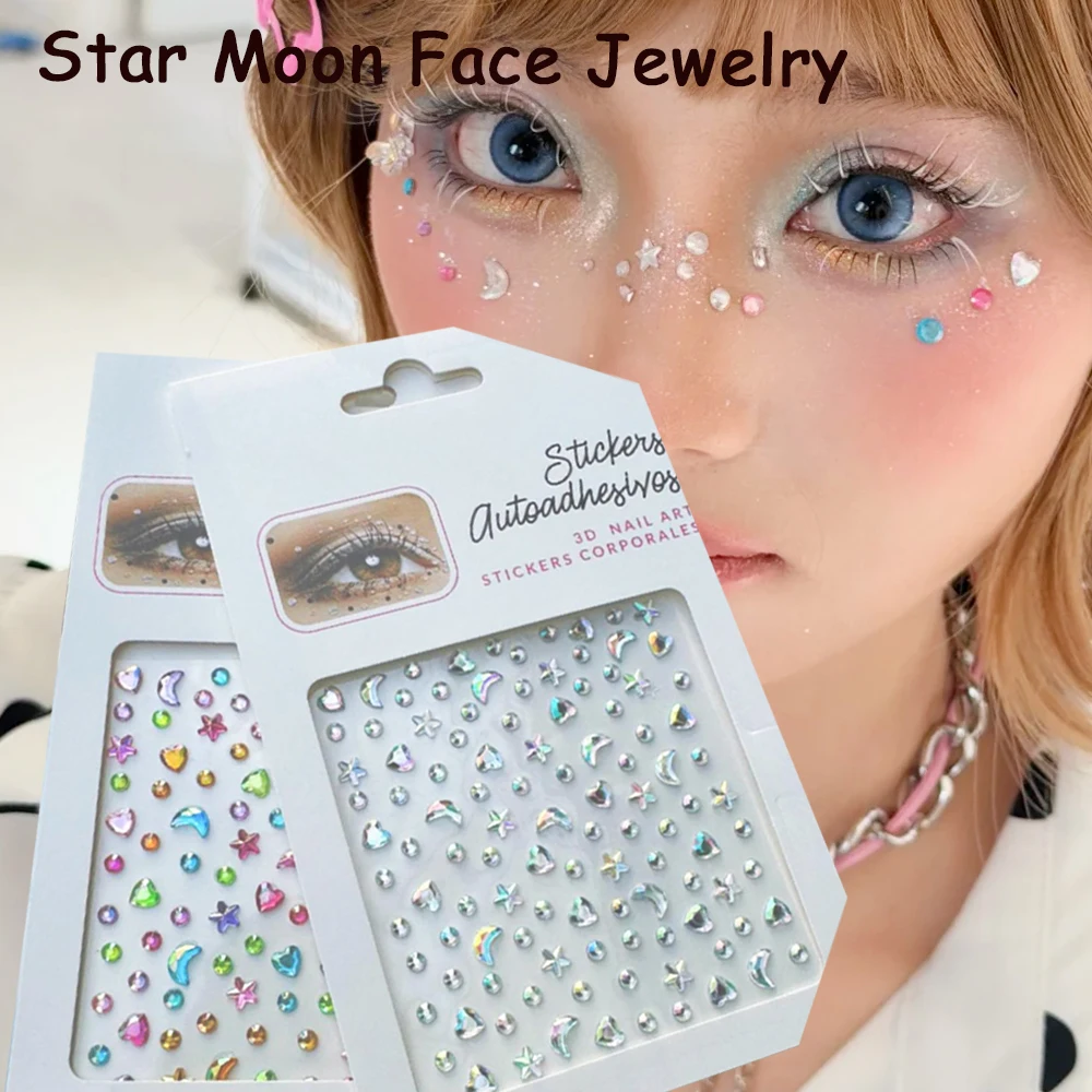 y2k Star & Moon Face Stickers Iridescent Face Gems Stickers Rhinestone Face Jewels Multi-shape Round Gem Decals Face Body Decor