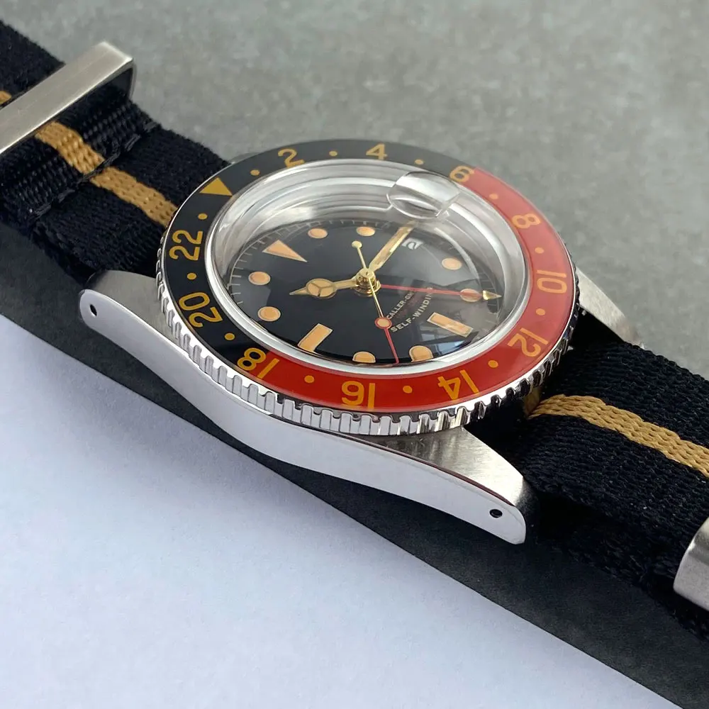 Vintage 38mm NH34A 20ATM Waterproof NH34 GMT Automatic Movement Dive Watch Men Bubble Sapphire Crystal Gold Hand 120 Click Retro