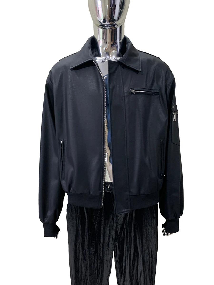 

Весенне-осенняя короткая матовая черная мягкая куртка из искусственной кожи, мужская куртка на молнии с отложным воротником, свободная повседневная крутая корейская модная одежда 2025