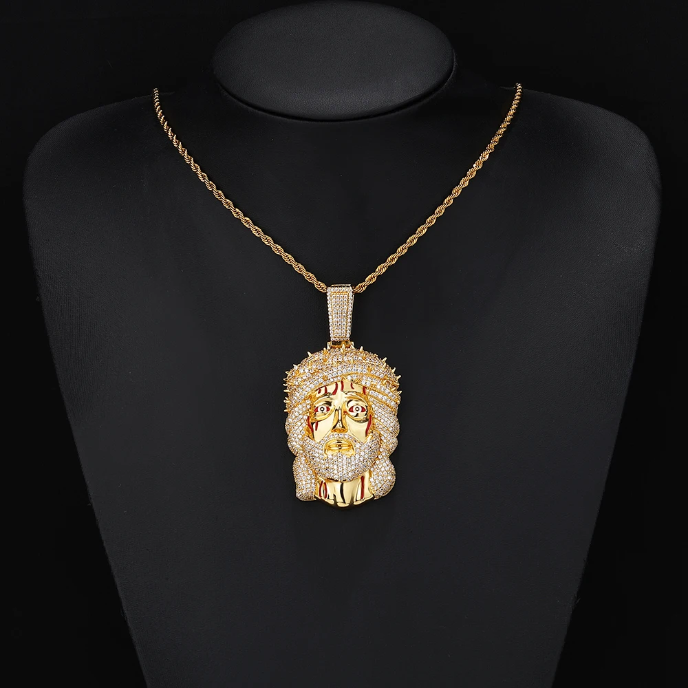ESKEEM Iced Out Jesus Head Pendant Necklace Two Tone Color Bling Zircon Faith Charm Hip Hop Jewelry