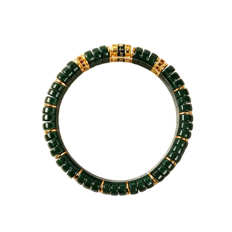 Handmade Chinese Traditional Sherpa Glass Flat Disc Beads Bracelet With Engraved Prayer Wheel Charm Ethnic Jewelry For Men Women 5