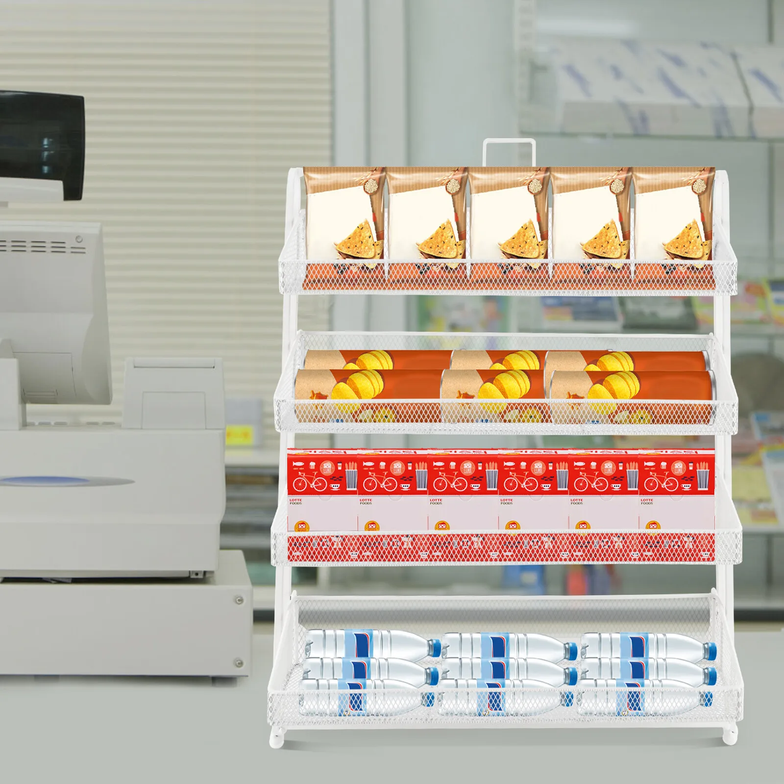 

4 Tiers Candy Display Rack Retail Store Shelving Snack Storage Organizer with Protective Bafflkes White Rectangular