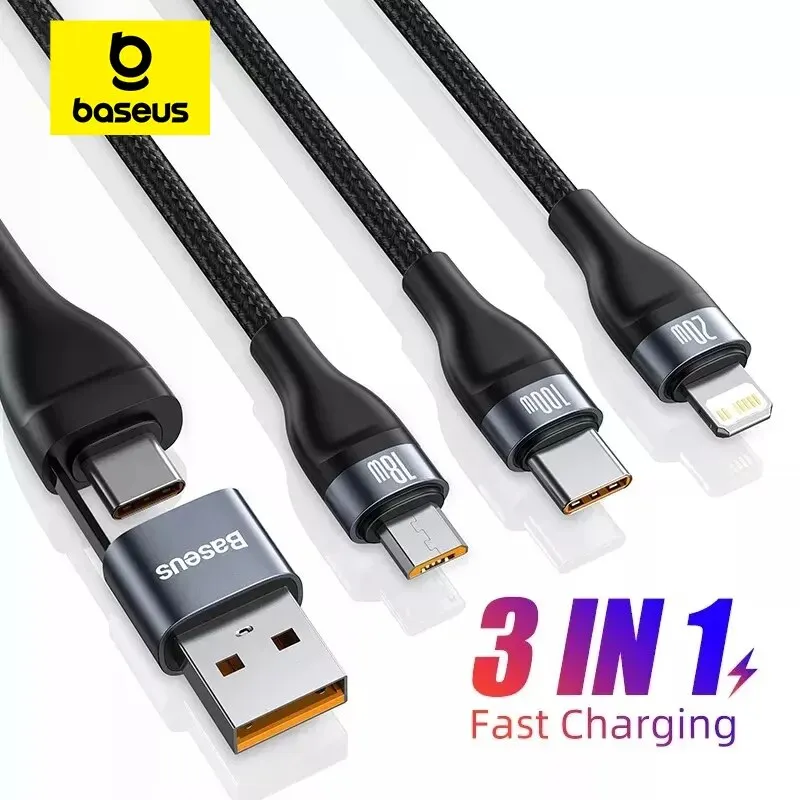 Baseus 3 in 2 USB Type C Cable for iPhone 15 14 13 12 ProMax 11 Charger Cable 100W 3 in 1 Cable for Samsung Xiaomi Mi Macbook