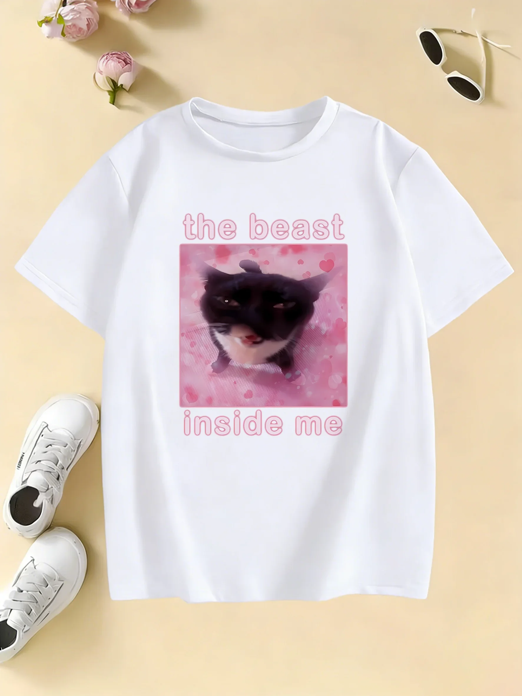 The Beast Inside Me Cat Meme Print T Shirts Cartoon T-shirt Summer Spring Fashion Harajuku Casual Street Tees Aesthetic Tops