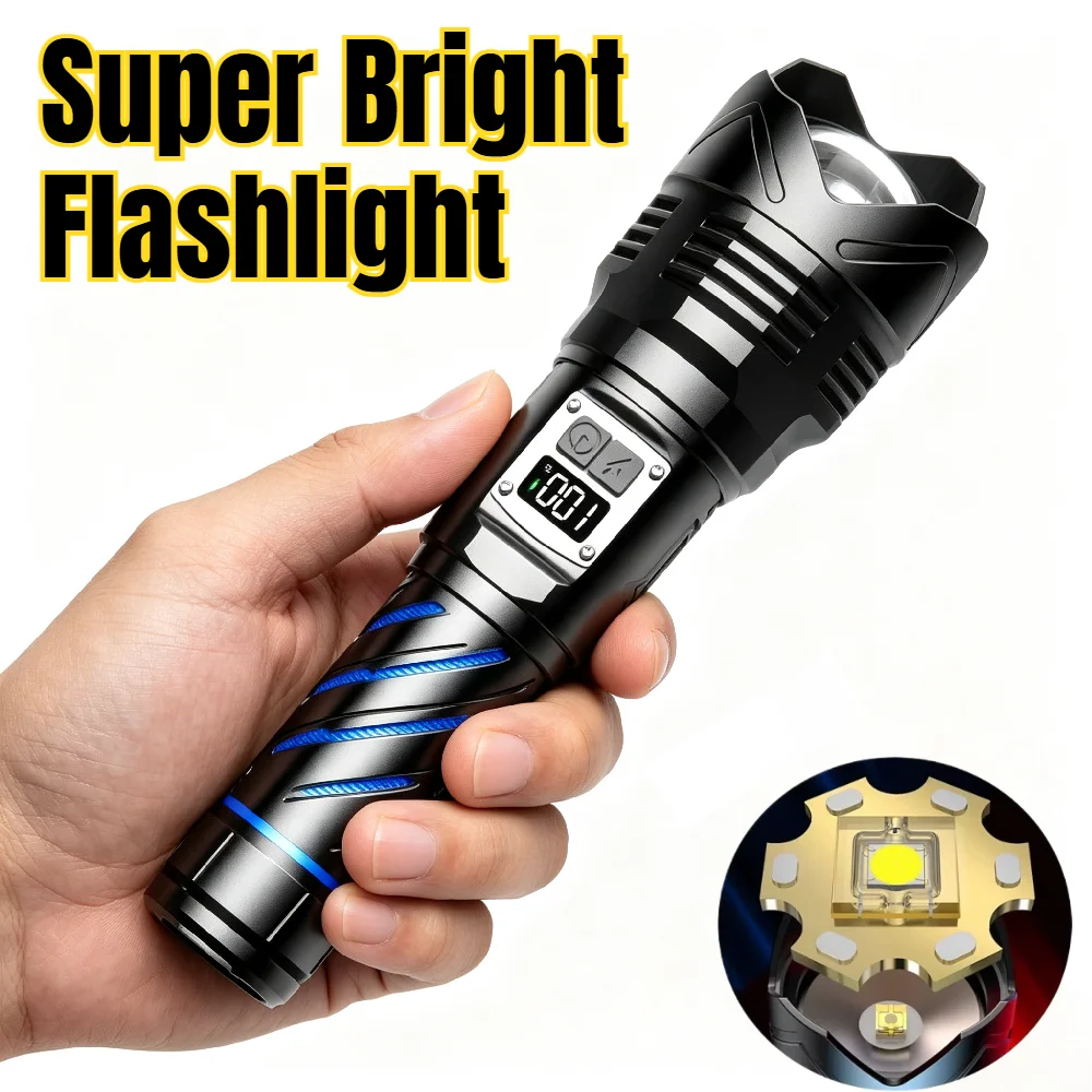 New Multi-functional 60W Zoom LED Flashlight Digital Battery Display Rechargeable Torch for Outdoor Patrol and Emergency Use