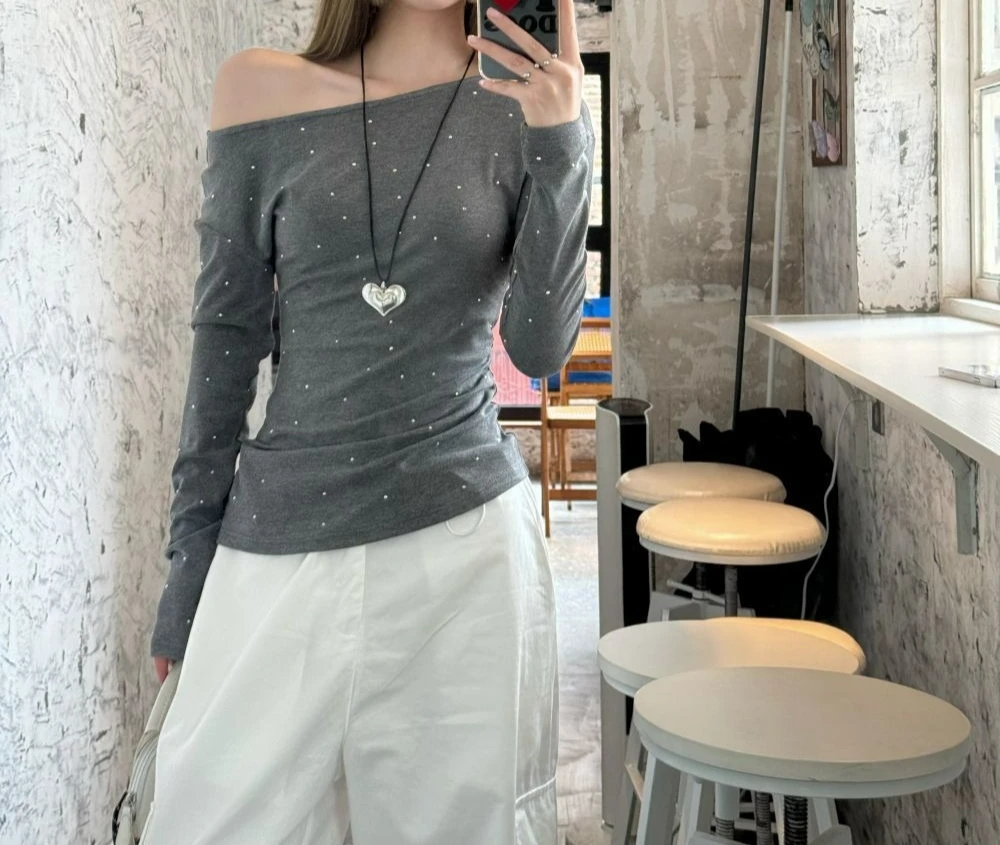 Slash Shoulder Bottoming Shirt Women's Design Sense Printed Slim Top Long Sleeve T-shirt Gray