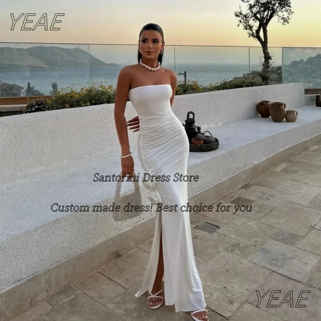 

Santorini Celebrity Women Wear Strapless Prom Dresses Flowers Ruched Side Slit Evening Dress Sexy Back Wedding Party Women Wear