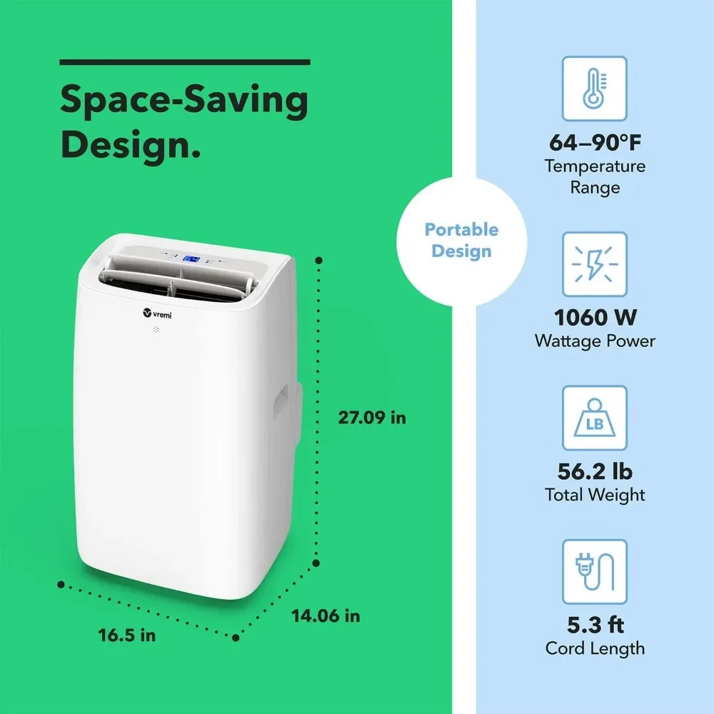 Aire acondicionado portátil 12000 BTU, Unidad de CA fácil de mover para habitaciones de hasta 350 pies cuadrados, con potente ventilador de refrigeración, Apagado automático