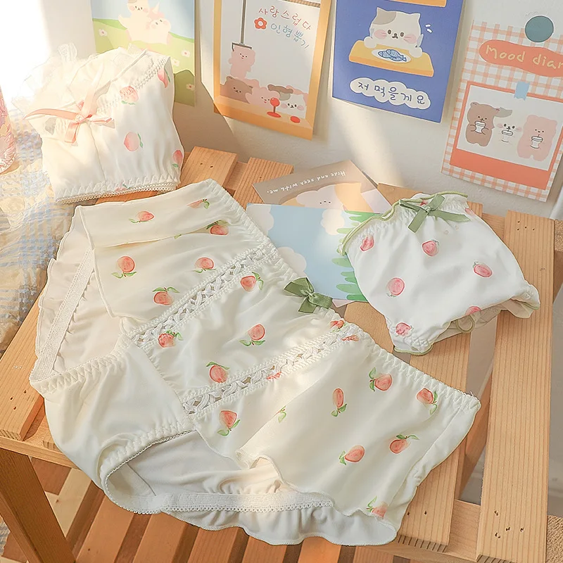 100KG Japanese Peach Printed Ice Anime Sweet Style Wood Ear Edge Pure Cotton Crotch Breathable Comfortable Women's Underpants