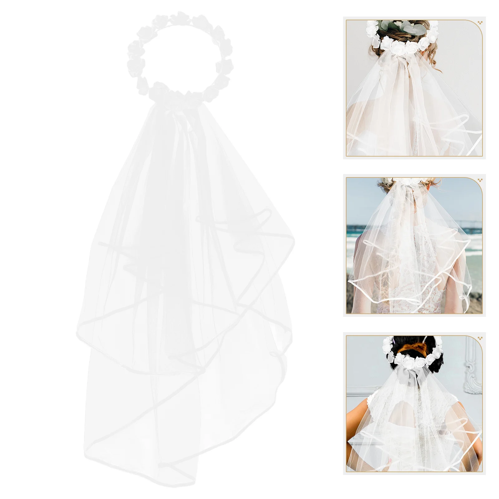 

Flower Crown Veil Wedding Bridal Headpiece White Rose Double Layered Lightweight Bride Hair Ornament Photography Special