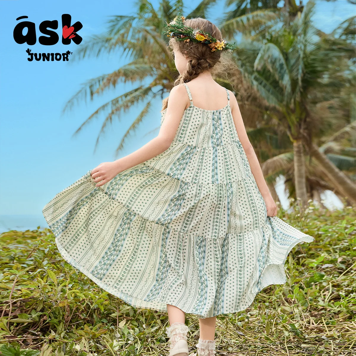 فستان بحمالات صيفي للفتيات الصغيرات الصغار بطباعة شبكية بألوان متباينة #4