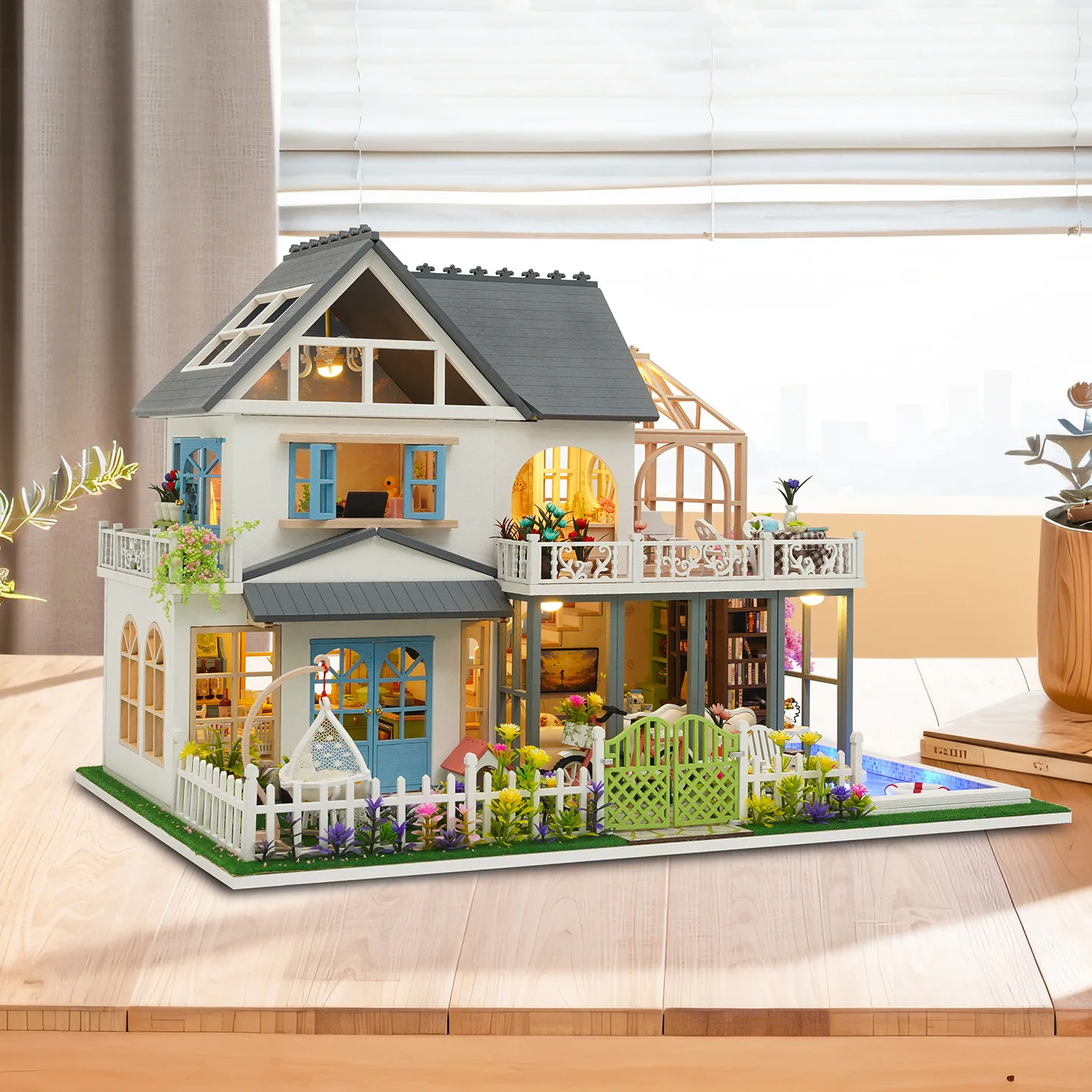 Bricolage Villa moderne grande Casa en bois Miniature modèle Kit 3D Puzzle maisons de poupée avec meubles maison de poupée pour amis cadeaux d'anniversaire