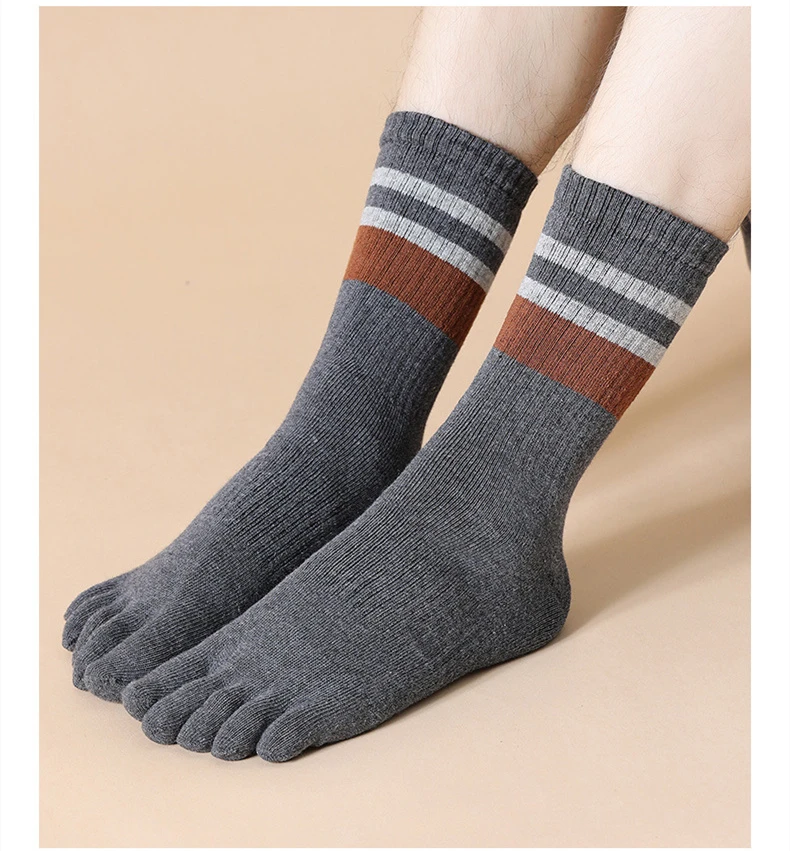 5 Paar Frottee-Zehensocken für Herren, Baumwolle, gestreift, dick, weich, elastisch, schweißabsorbierend, warm halten, Partykleid, lange 5-Finger-Happy-Socken – Detail 11