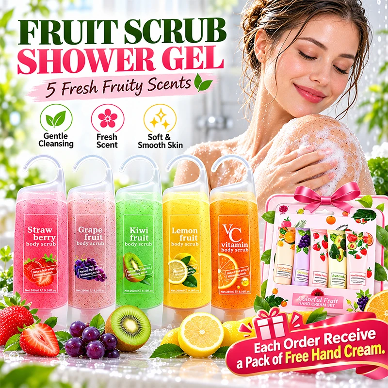 2 Pcs Fruit Scrub Shower Gel Body Wash Set 5 Flavors Exfoliating Moisturizing Bath Gel with Hand Cream Kit Gentle Cleanse Smooth Skin Daily Use Women Men Gift Set