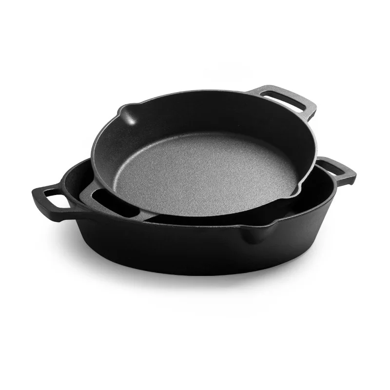 Thickened Uncoated Cast Iron Skillet, Double Handle Frying Pan with Dual Pour Spouts for Home Cooking