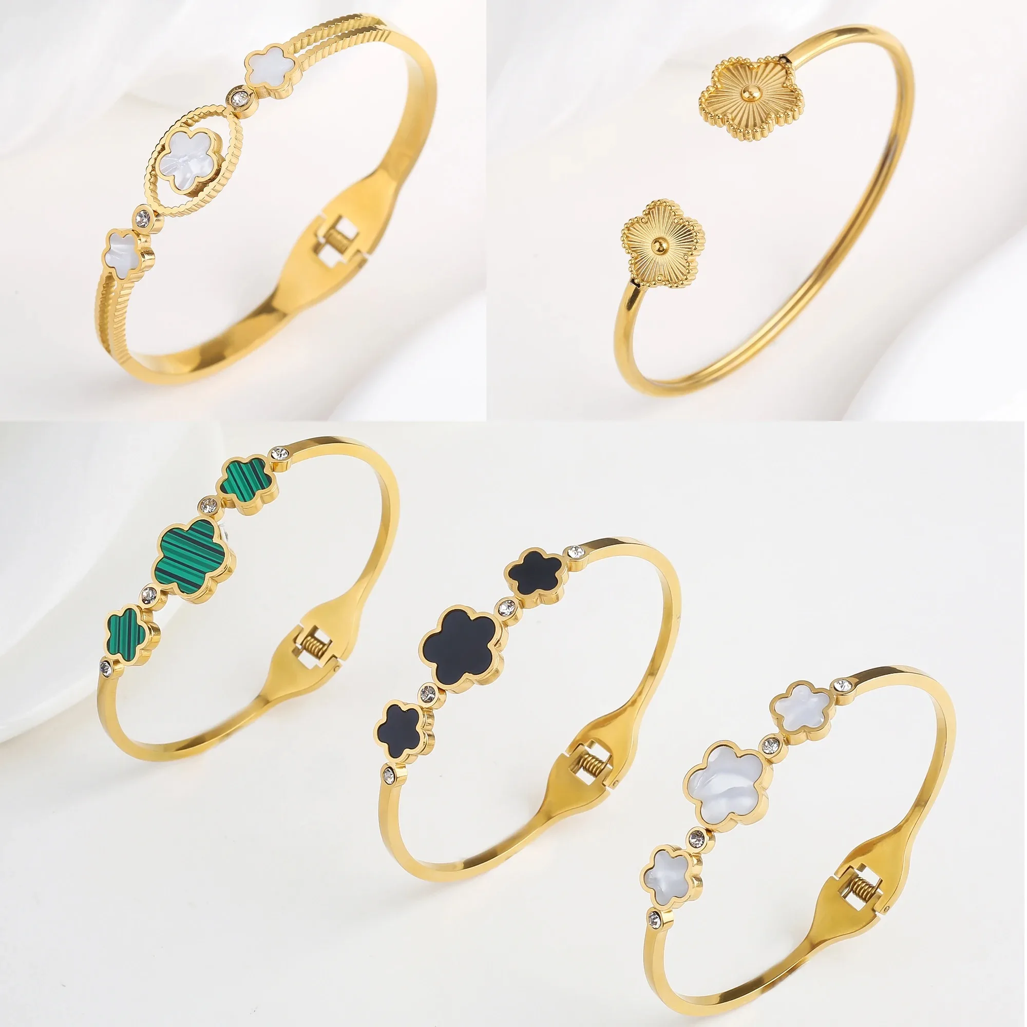 Einfache Edelstahl weiße Muschel fünf Blatt Blume Armreif klassischen Klee Handgelenk Schmuck Luxus für Frau Party Schmuck Geschenk