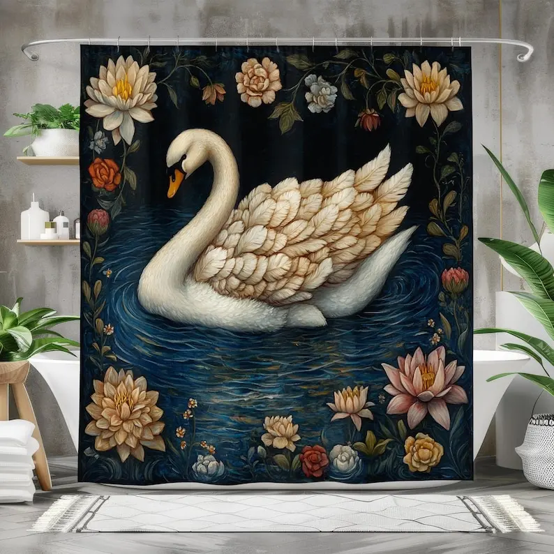 

Elegant Swan Bath Curtain - Romantic Bathroom Decor - Waterproof Fabric Shower Curtain - Floral Pond-Inspired Design