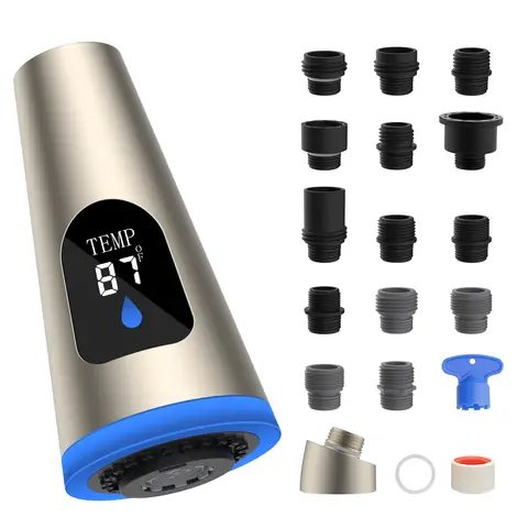 Hibbent Pull Down Kitchen Faucet Head Replacement, 4 Function LED Temperature Display Spray Head with 15 Adapters