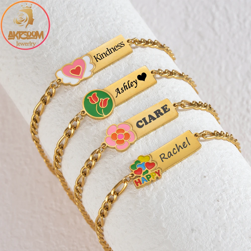 

Akizoom Engrave Name Bracelets for Women Gold Color Oil Dripping Stainless Steel Customized Letter Couple Bracelets Jewelry Gift