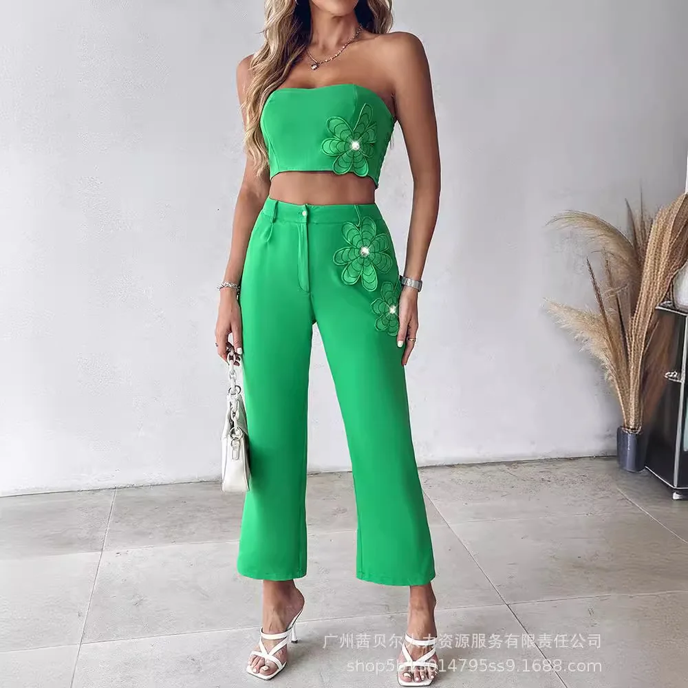 Floral Pattern Bandeau Top & Pants Set Women Two Piece Set Sleeveless Tops High Waist Straight Long Pants Loose Casual 2024